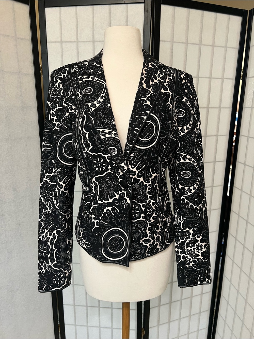 Calvin Klein Black and White Paisley Print Blazer